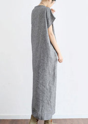 Grey O Neck Summer Cotton Hemp Dress - SooLinen