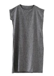 Grey O Neck Summer Cotton Hemp Dress - SooLinen