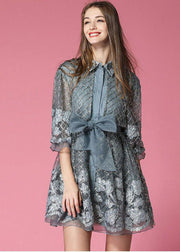 Grey Organza Vacation Dress Embroidered Hollow Out Spring