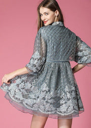 Grey Organza Vacation Dress Embroidered Hollow Out Spring