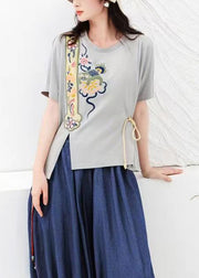 Grey Original Design Cotton T Shirt O Neck Embroideried Summer