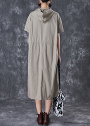 Grey Oversized Cotton Loose Sweatshirt Dress Hooded Pockets Summer
