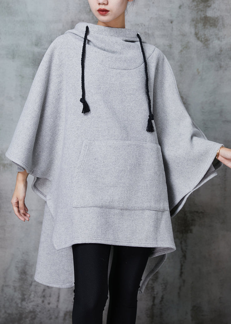 Grey Oversized Cotton Sweatshirts Dress Hooded Batwing Sleeve