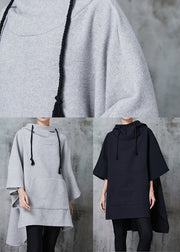 Grey Oversized Cotton Sweatshirts Dress Hooded Batwing Sleeve