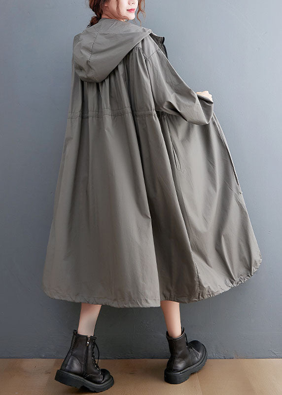 Grey Oversized Cotton Trench Coat Hooded Drawstring Spring