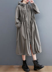 Grey Oversized Cotton Trench Coat Hooded Drawstring Spring