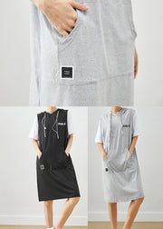 Grey Patchwork Cotton Fake Two Piece Sweatshirts Dress Drawstring Summer