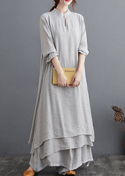 Grey Patchwork Cotton Two Pieces Set Stand Collar Side Open Fall