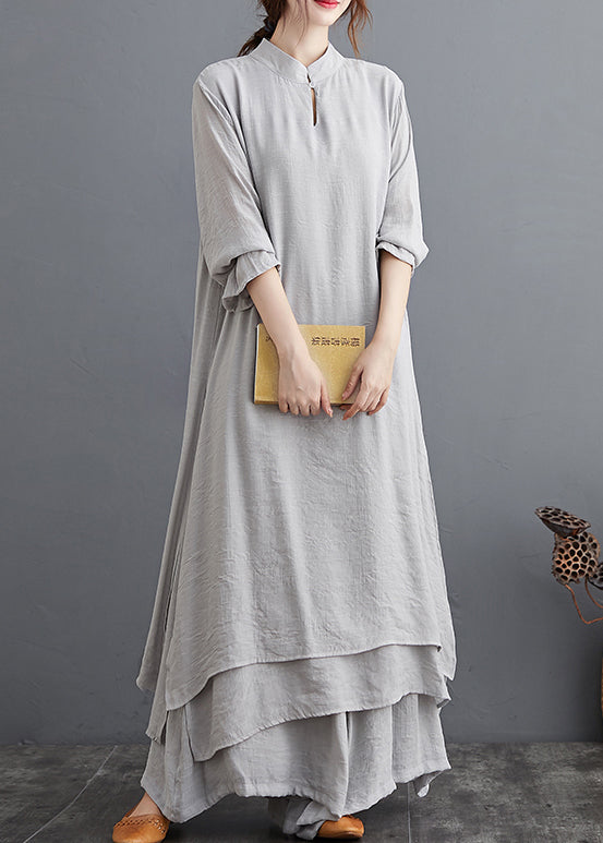 Grey Patchwork Cotton Two Pieces Set Stand Collar Side Open Fall