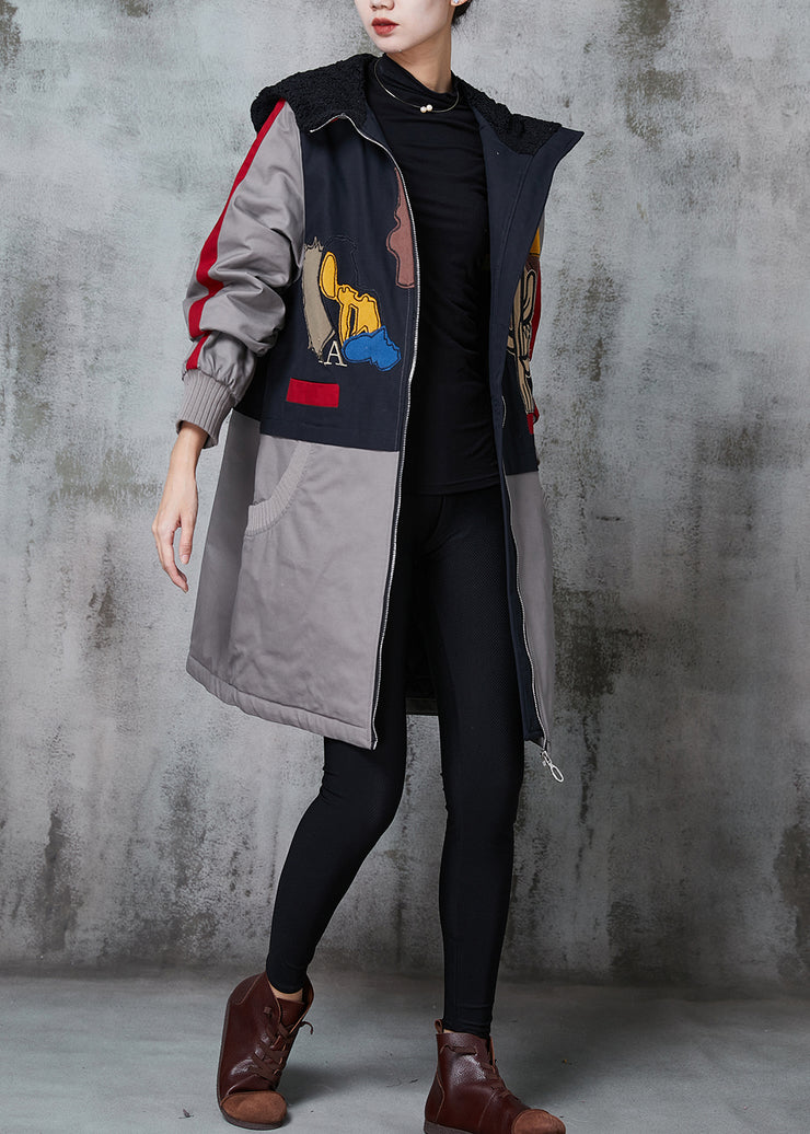 Grey Patchwork Fine Cotton Filled Witner Trench Coats Hooded Print Winter