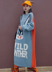 Grey Patchwork Graphic Knit Long Sweater Spring