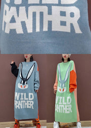 Grey Patchwork Graphic Knit Long Sweater Spring