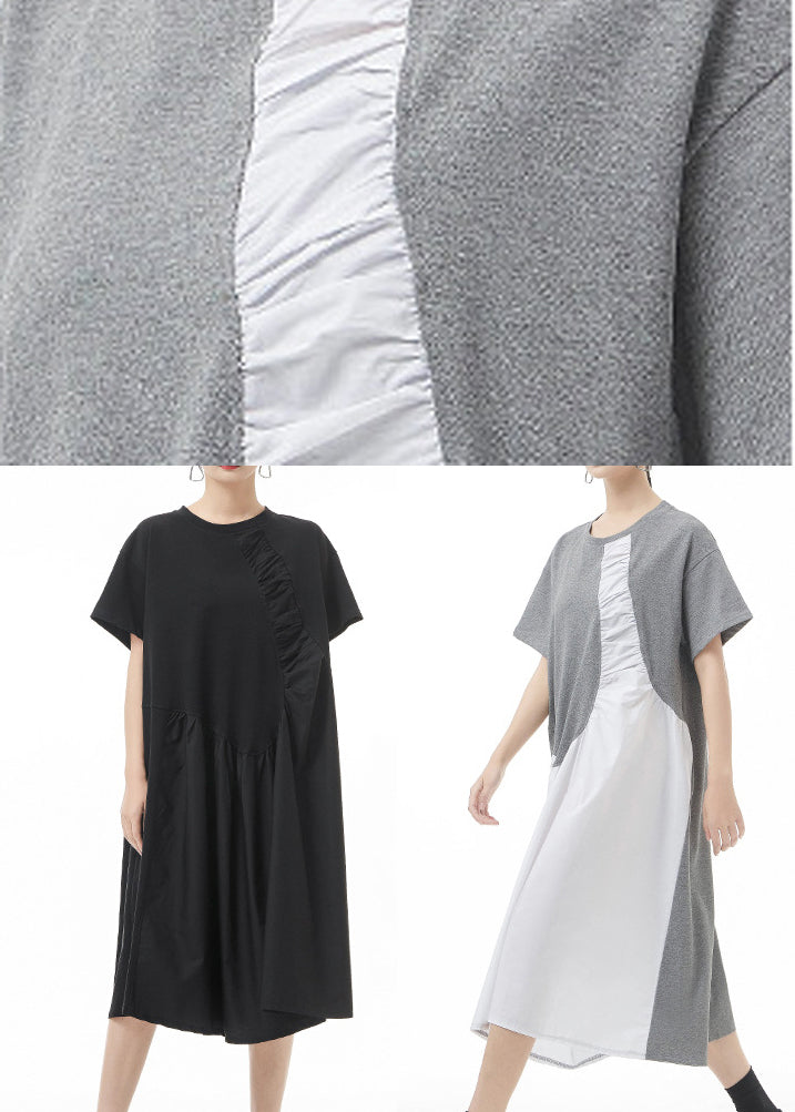 Grey Patchwork Holiday Dress Oversized Short Sleeve