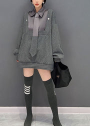 Grey Patchwork Knit Fake Two Piece Sweater Tops Oversized Winter