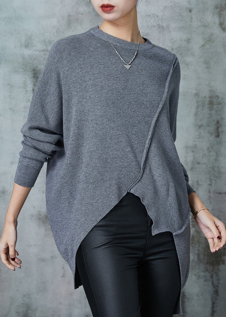 Grey Patchwork Knit Sweater Asymmetrical Design Spring