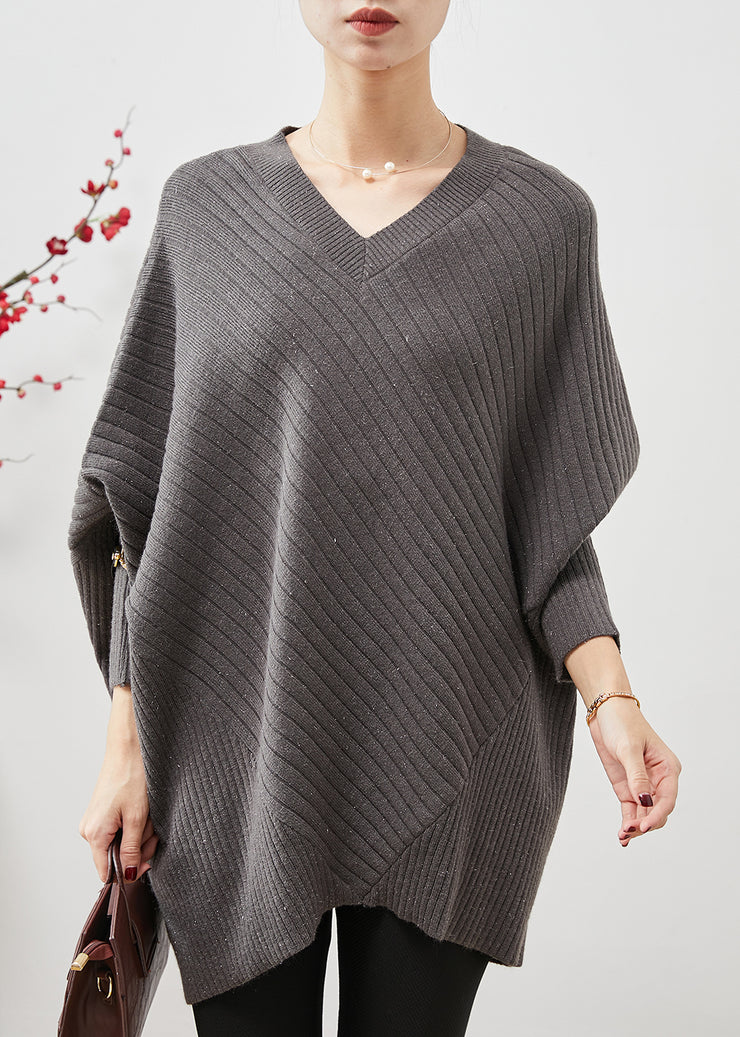 Grey Patchwork Knitted Tops Oversized Batwing Sleeve
