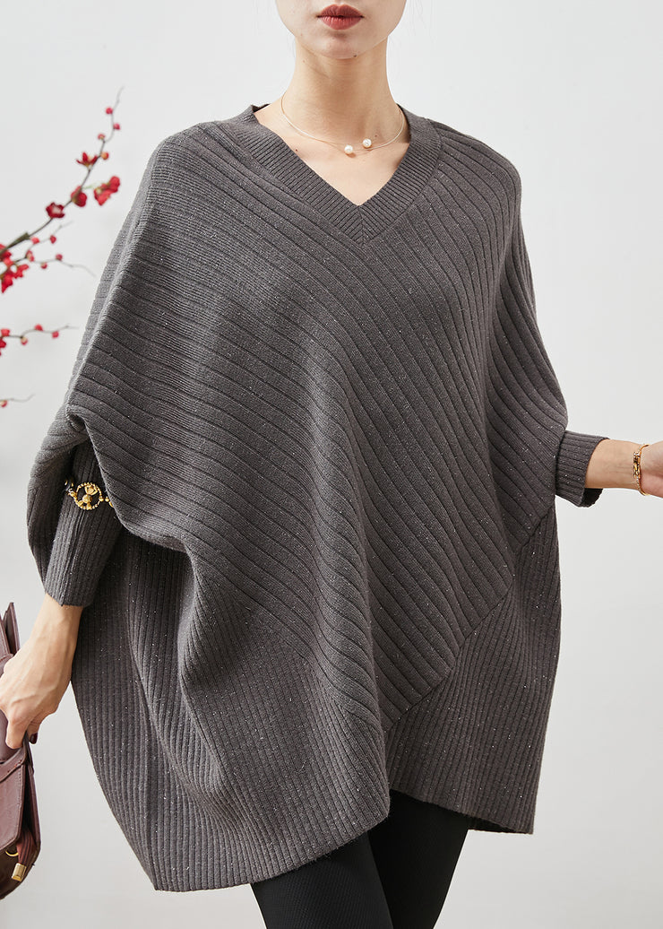 Grey Patchwork Knitted Tops Oversized Batwing Sleeve