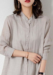 Grey Patchwork Linen Blouses Button Bracelet Sleeve