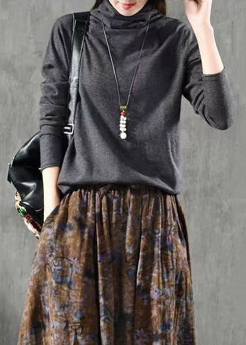 Grey Patchwork Loose Knitting Cotton Tops Turtleneck Fall
