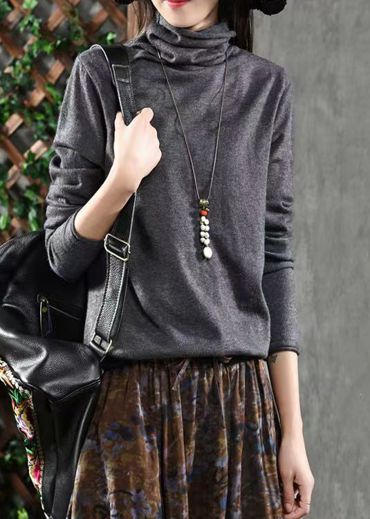 Grey Patchwork Loose Knitting Cotton Tops Turtleneck Fall