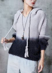 Grey Patchwork Mink Hair Knitted Sweatshirt Streetwear Hooded Spring