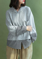 Grey Patchwork Plaid Hooded Fall Loose Loose Sweatshirt - SooLinen