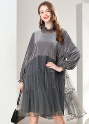 Grey Patchwork Silk Velour Holiday Dresses Oversized High Neck Spring