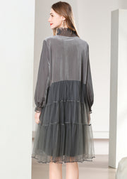 Grey Patchwork Silk Velour Holiday Dresses Oversized High Neck Spring