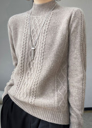 Grey Patchwork Thick Cashmere Sweaters Stand Collar Fall