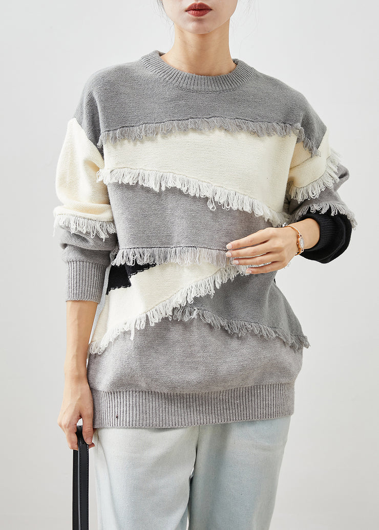 Grey Patchwork Thick Knit Short Sweater Tasseled Winter