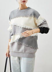 Grey Patchwork Thick Knit Short Sweater Tasseled Winter