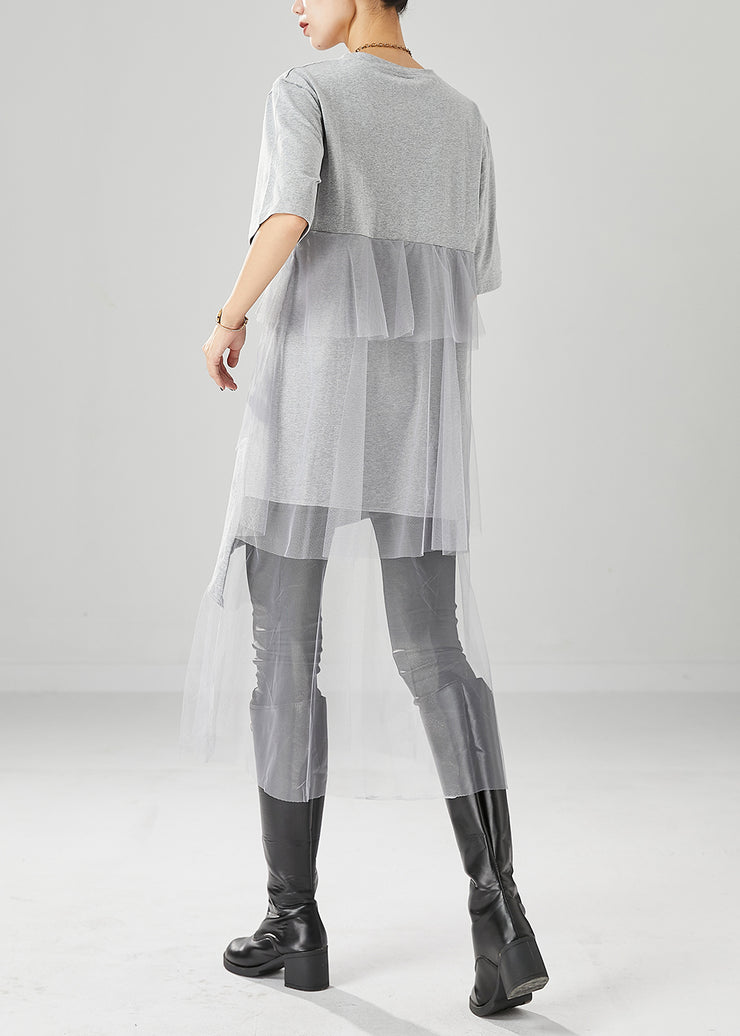 Grey Patchwork Tulle Cotton Dress Asymmetrical Ruffles Summer