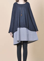 Grey Patchwork Wool Dress False Two Pieces O Neck Spring