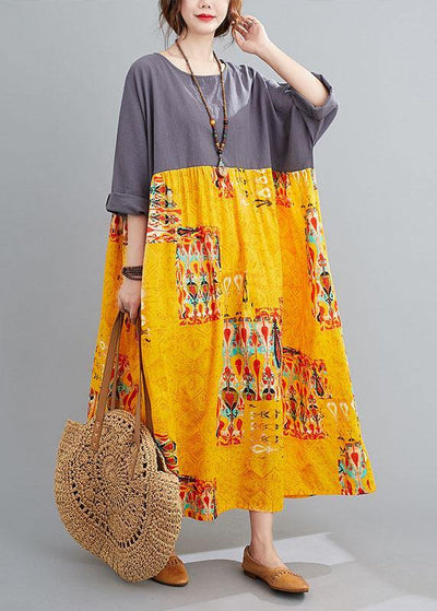 Grey Patchwork Yellow Print O-Neck Pockets Summer Party Dresses - SooLinen