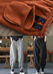 Grey Pockets Cinched Warm Fleece Pants Elastic Waist Spring