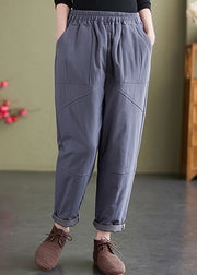 Grey Pockets Loose Fine Cotton Filled Pants Elastic Waist Winter