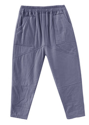Grey Pockets Loose Fine Cotton Filled Pants Elastic Waist Winter