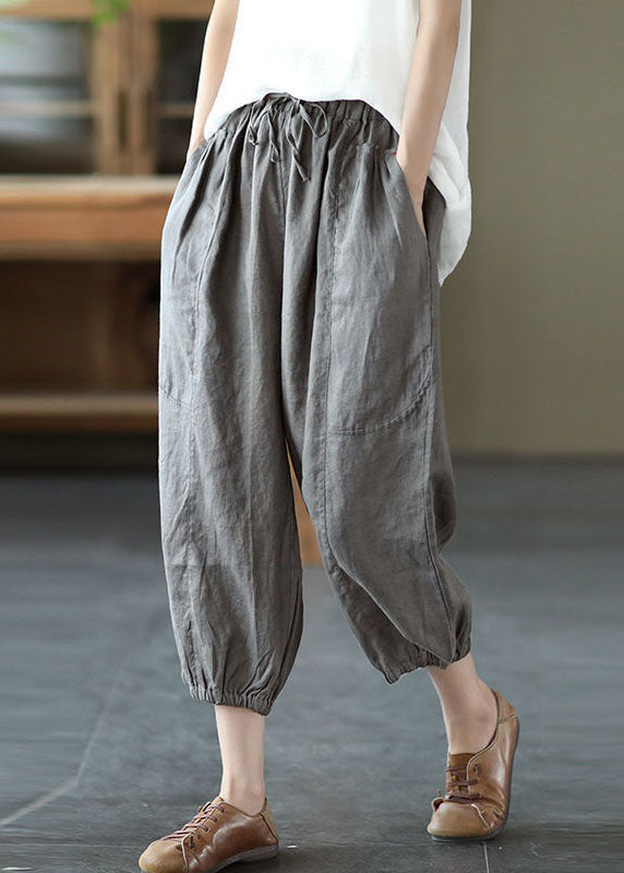 Grey Pockets Patchwork Linen Harem Pants Elastic Waist Summer