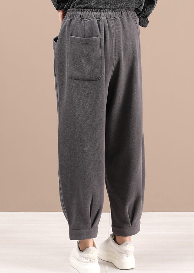 Grey Pockets Patchwork Warm Fleece Pants Elastic Waist Winter
