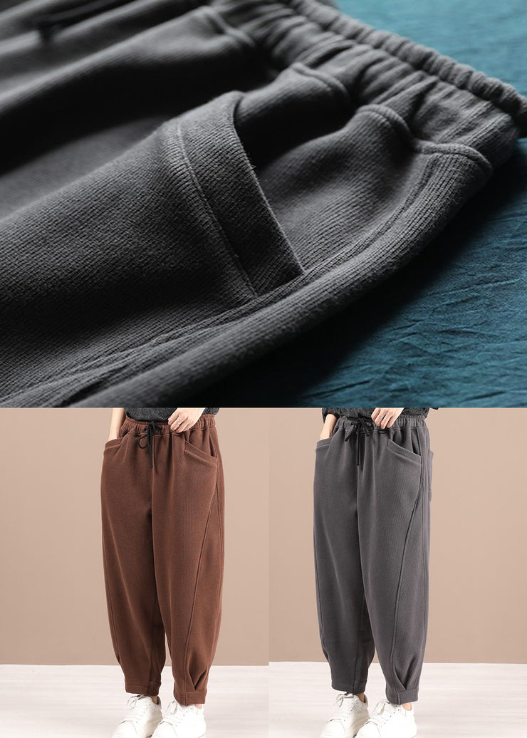 Grey Pockets Patchwork Warm Fleece Pants Elastic Waist Winter