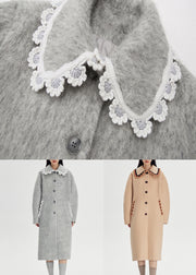 Grey Pockets Patchwork Woolen Coats Peter Pan Collar Fall