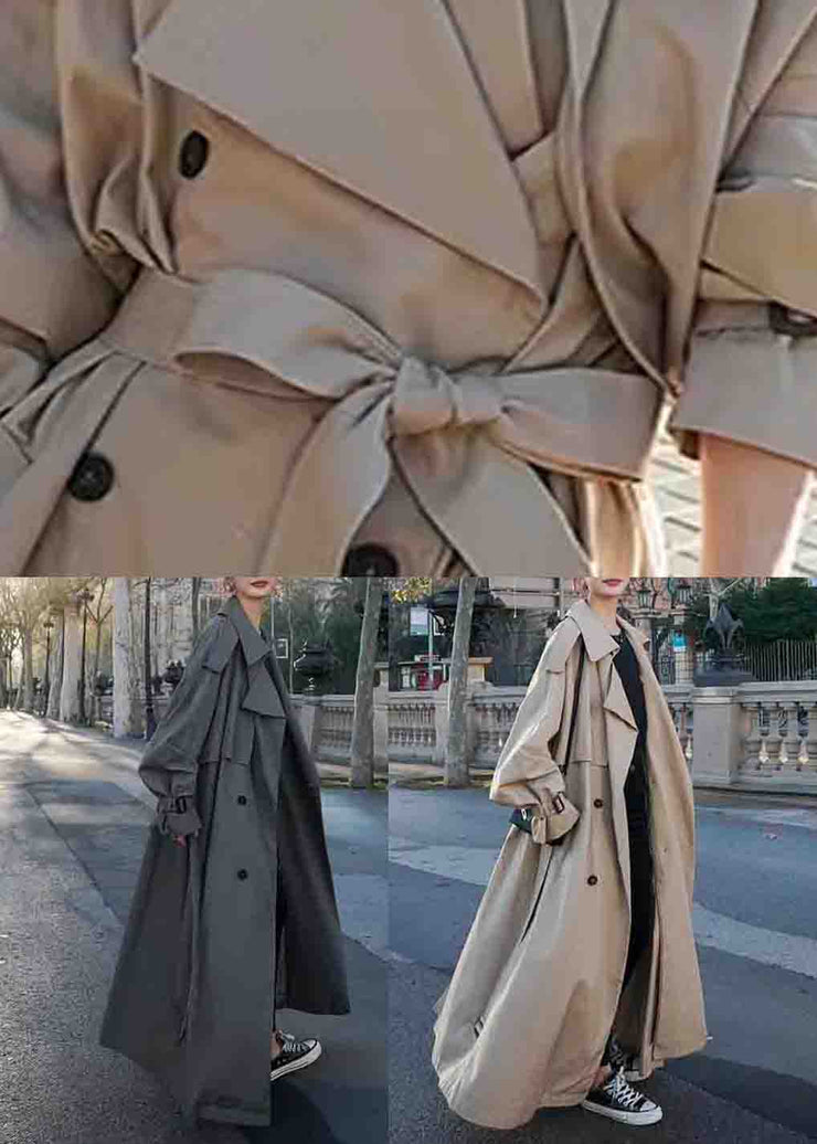 Grey Pockets Side Open Patchwork Cotton Long Trench Coats Peter Pan CollarLong Sleeve
