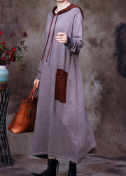 Graue Taschen Woolen Sweatshirts Kleid mit Kapuze Winter