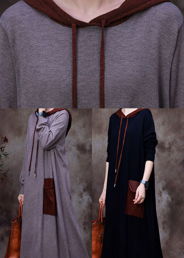 Graue Taschen Woolen Sweatshirts Kleid mit Kapuze Winter