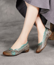 Grey Print Cowhide Leather Flat Shoes For Women Splicing Flats
