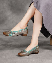 Grey Print Cowhide Leather Flat Shoes For Women Splicing Flats