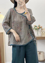 Grey Print Patchwork Linen Tops O Neck Lace Up Summer