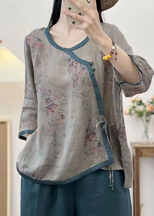 Grey Print Patchwork Linen Tops O Neck Lace Up Summer