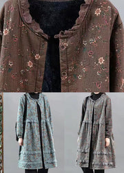 Grey Print Patchwork Warm Fleece Coats Lace Button Fall