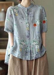 Graue, lila bedruckte Baumwollhemden mit niedrigem, hohem Design und kurzen Ärmeln
